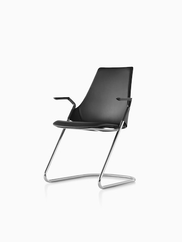 Black leather Sayl Side Chair with a sled base, viewed from a 45-degree angle.