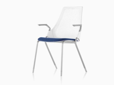 White Sayl Side Chair with a suspension back and blue upholstered seat, viewed from a 45-degree angle. 
