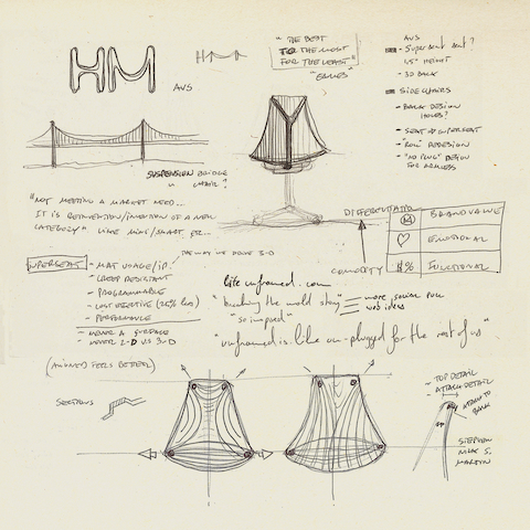Sketches from designer Yves Béhar, showing how the Golden Gate Bridge inspired the Sayl office chair and stool. 
