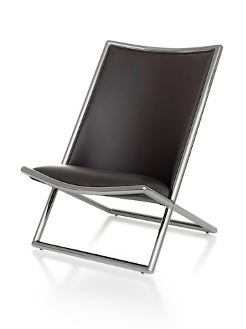 Black leather Scissor Chair with chome frame, viewed from the front at an angle.