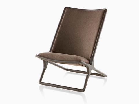 Scissor Chair with brown wood frame and brown upholstery, viewed from the front at an angle.