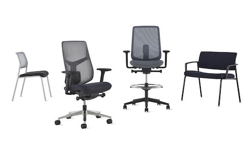 A group of black Verus chairs including a side, office, stool, and plus versions.