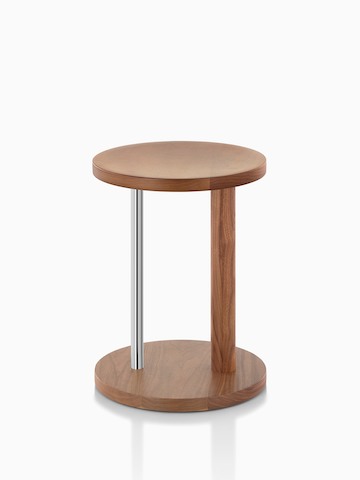 Occasional-height Spot Stool in walnut with satin chrome finish, viewed from the side.