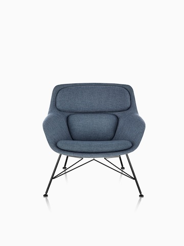 Front view of a low-back Striad Lounge Chair in blue upholstery with wire base.  
