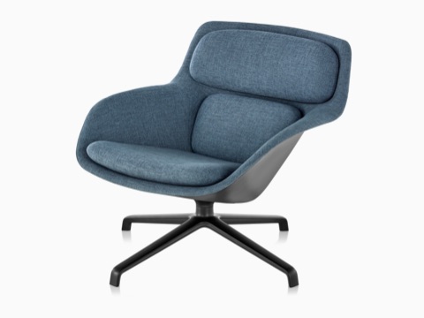 Blue low-back Striad Lounge Chair with black four-star base, viewed at an angle.