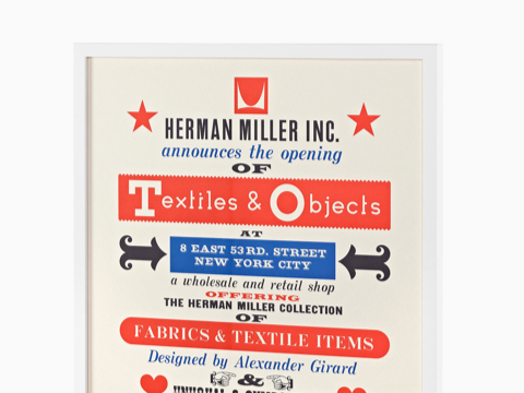 A poster promoting the 1961 debut of the Textiles & Objects shop Alexander Girard opened with Herman Miller in Manhattan.