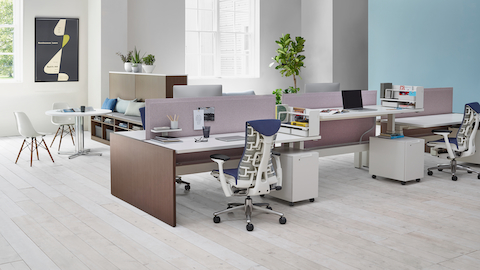 Tu mobile pedestals bring individual storage to open workstations in a benching arrangement.