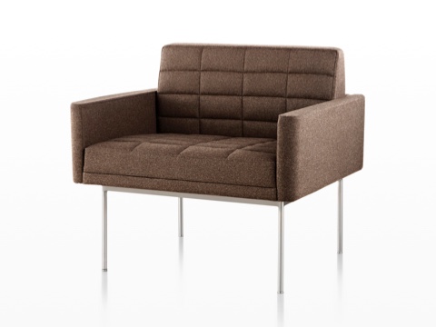 Brown Tuxedo Lounge Seating with quilted fabric upholstery and satin chrome legs, viewed from the front on an angle.