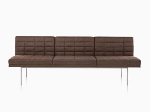 Dark brown Tuxedo Sofa with quilted fabric upholstery, viewed from the front.