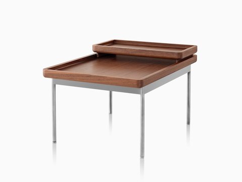A Tuxedo Component Table with a nested wood tray, wood top, and metal base, viewed at an angle.