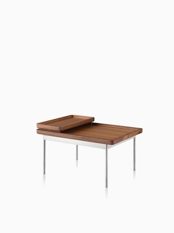 A Tuxedo Table supporting two trays in a medium wood finish. Select to go to the Tuxedo Tables product page.