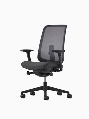 A black Verus Chair with a black suspension back. Select to go to the Verus Chairs product page.