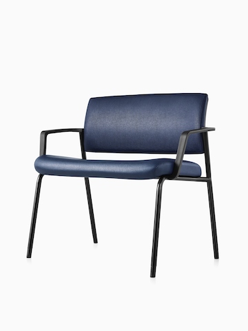 Angled view of a Verus Plus Chair with arms upholstered in blue vinyl. Select to go to the Verus Plus Chairs product page.