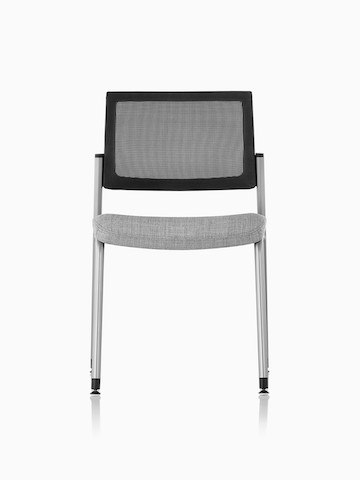 Front view of a gray Verus Side Chair with gray suspension back and black frame with no arms.