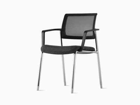 A black Verus Side Chair with arms and black suspension back at an angle.