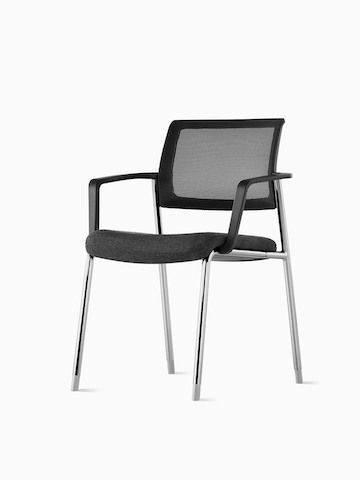 An angle view of a black Verus Side Chair with silver legs. Select to go to the Verus Side Chairs product page.