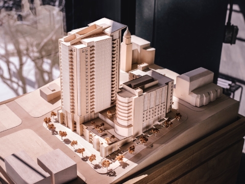 An architectural model of a proposed building design.