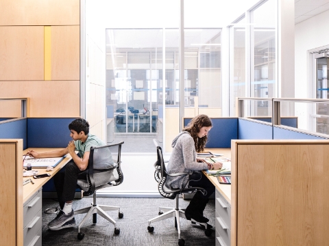Two students study while seated at desks that offer privacy. 