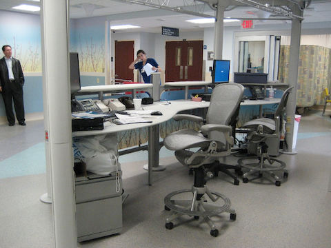Two Aeron chairs sit behind a desk inside the Washington Hospital Center.