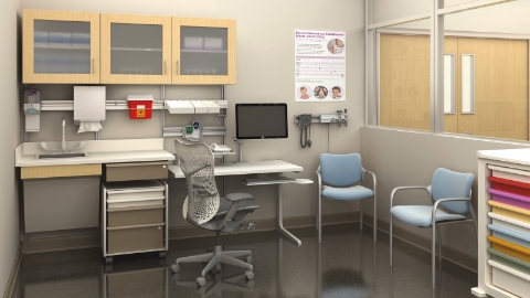 A diagnosis and triage area comprised of Casework and Co/Struc systems, along with Aside chairs. 