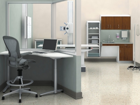 An empty radiology room featuring Co/Struc storage and an Aeron chair. 