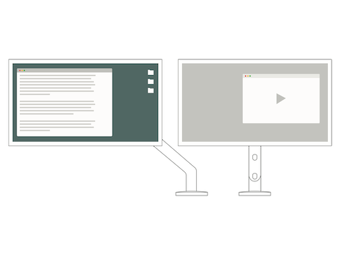 A front-view illustration of side-by-side monitors demonstrates how you should designate one monitor as primary and use the second for reference.