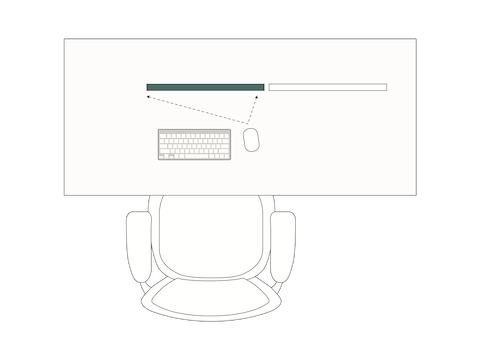 A top-view illustration of a desk, chair, keyboard, mouse, and monitors demonstrates how you should orient you mouse toward the main screen.