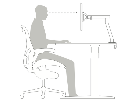 A side-view illustration of a person sitting in an office chair at a height-adjustable desk demonstrates how you should rest you forearms on the desk at a 90-degree angle.