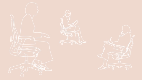 A graphic rendering of people seated in various positions in office chairs. 