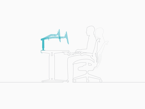 Illustration of a man in profile, showing an adjustable monitor arm in two positions to accommodate two seated postures.