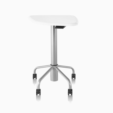 An Intent Solution mobile, height-adjustable table with a silver base finish and a white laminate top finish.
