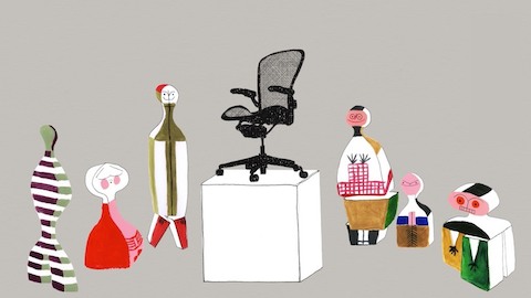 Una ilustración de muñecas que rodean una silla de Aeron en un pedestal. Seleccione para ir a un artículo sobre la revista WHY de Herman Miller.