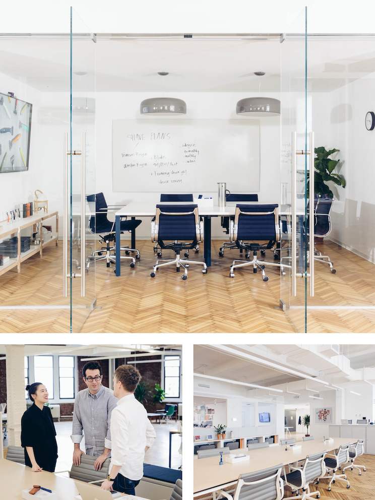 Top: Executives meet with investors and other important guests in this formal Meeting Space. Left: At Harry's, you'll often find co-founder Jeff Radar in the office, chatting with colleagues. Right: Executives sit at a long bench near the entrance, so they are open and accessible to all.
