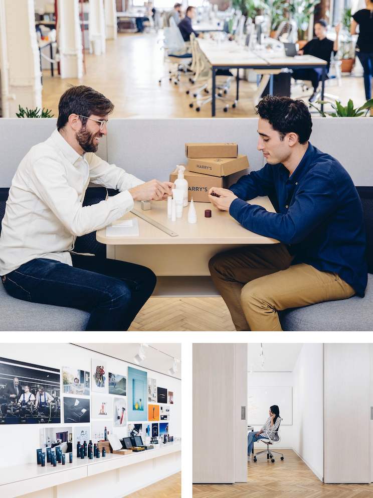 Top: When colleagues need to have longer discussions that might distract others, they move to a casual seating area away from the main workspace. Left: Products grace the walls of the main corridor, making a bold visual impression on passersby. Right: When phone calls or projects require privacy and focus, people relocate to meeting rooms, which are designated for quiet activities.