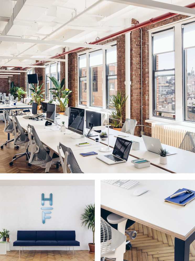 Top: In this Hive, people can easily transition between individual work and quick chats with colleagues. Left:The moment visitors enter Harry‚Äôs reception area, they are greeted with expressions of Harry‚Äôs brand. Right: Expressions of the brand are woven throughout the space, including furnishings finished in the blue of Harry‚Äôs logo. 
