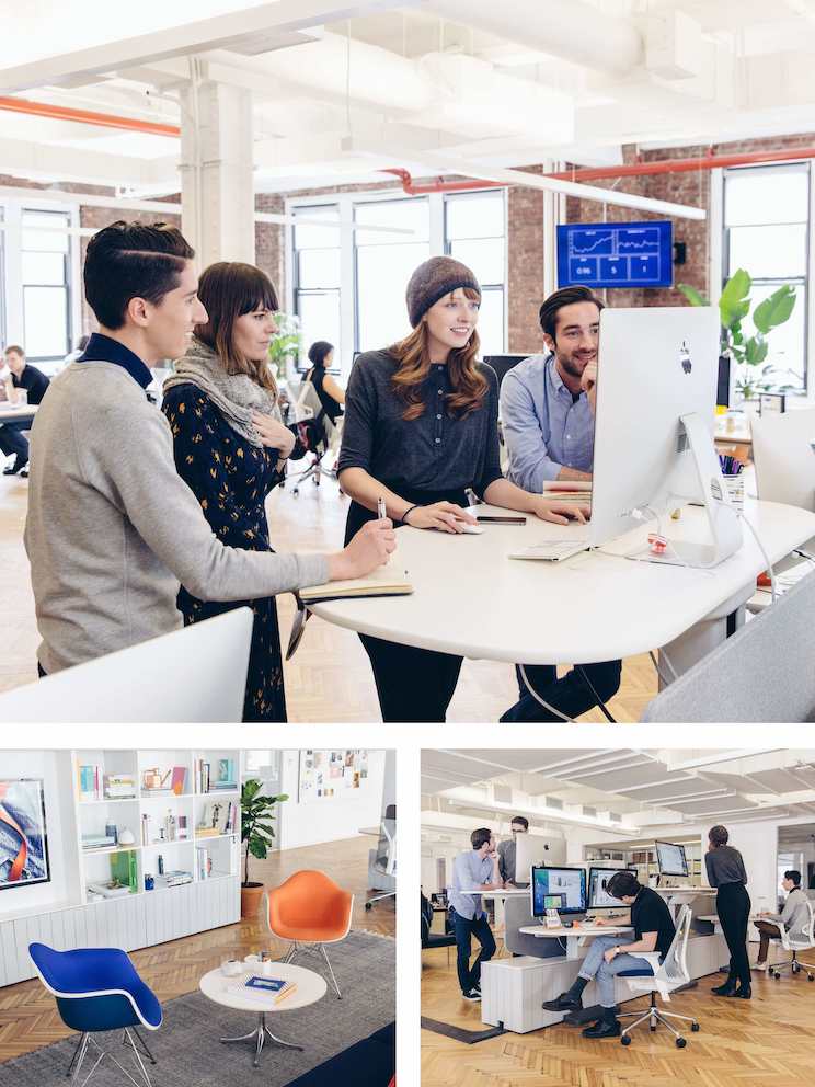 Top: In this Clubhouse, people can easily gather around a workstation to discuss a project. Left: When conversations at the desk become longer discussions, people move to a Cove so they can meet without distracting others. Right: Height-adjustable work surfaces encourage healthy transitions between sitting and standing throughout the day.