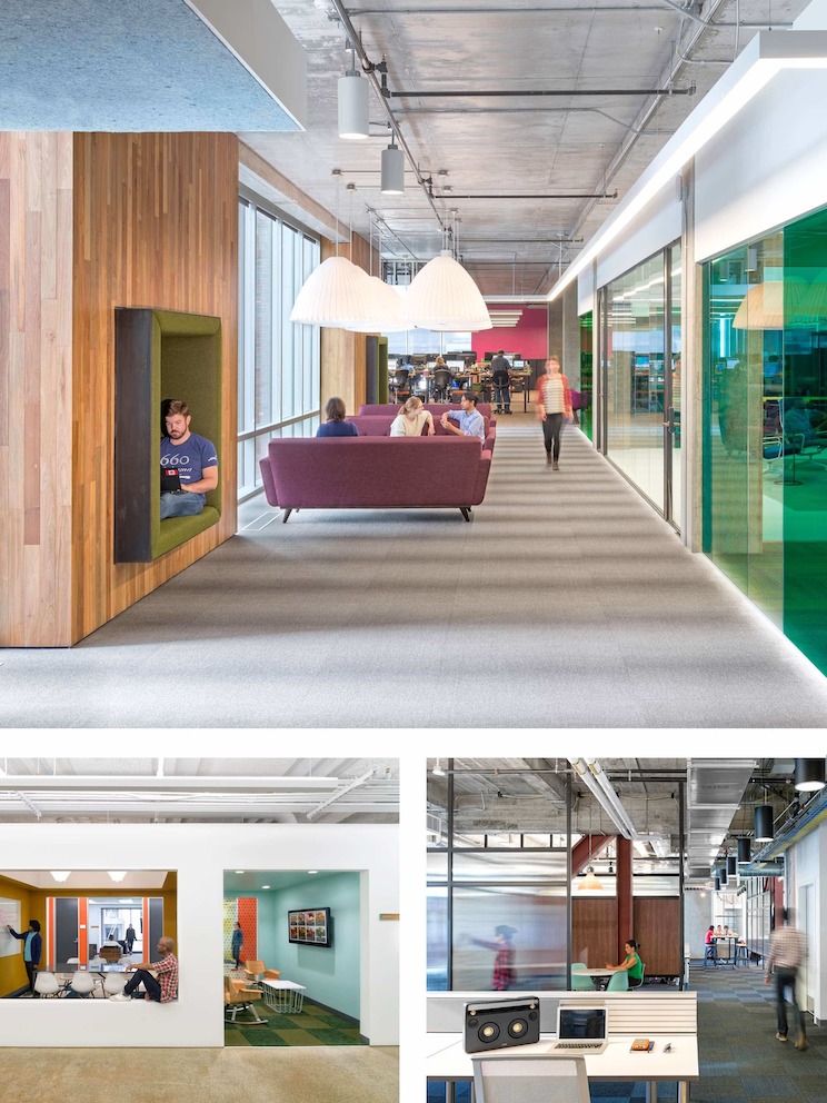 The O+A-designed offices of Cisco, Yelp, and Open Table (clockwise, from top). (Photos by Jasper Sanidad)