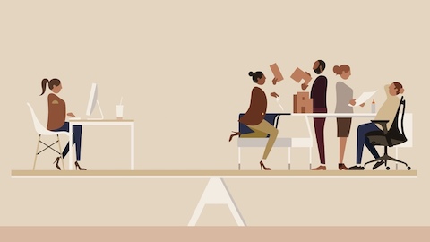 An illustration of a woman working alone while four colleagues interact nearby. Select to go to an article about balance in workplace design.