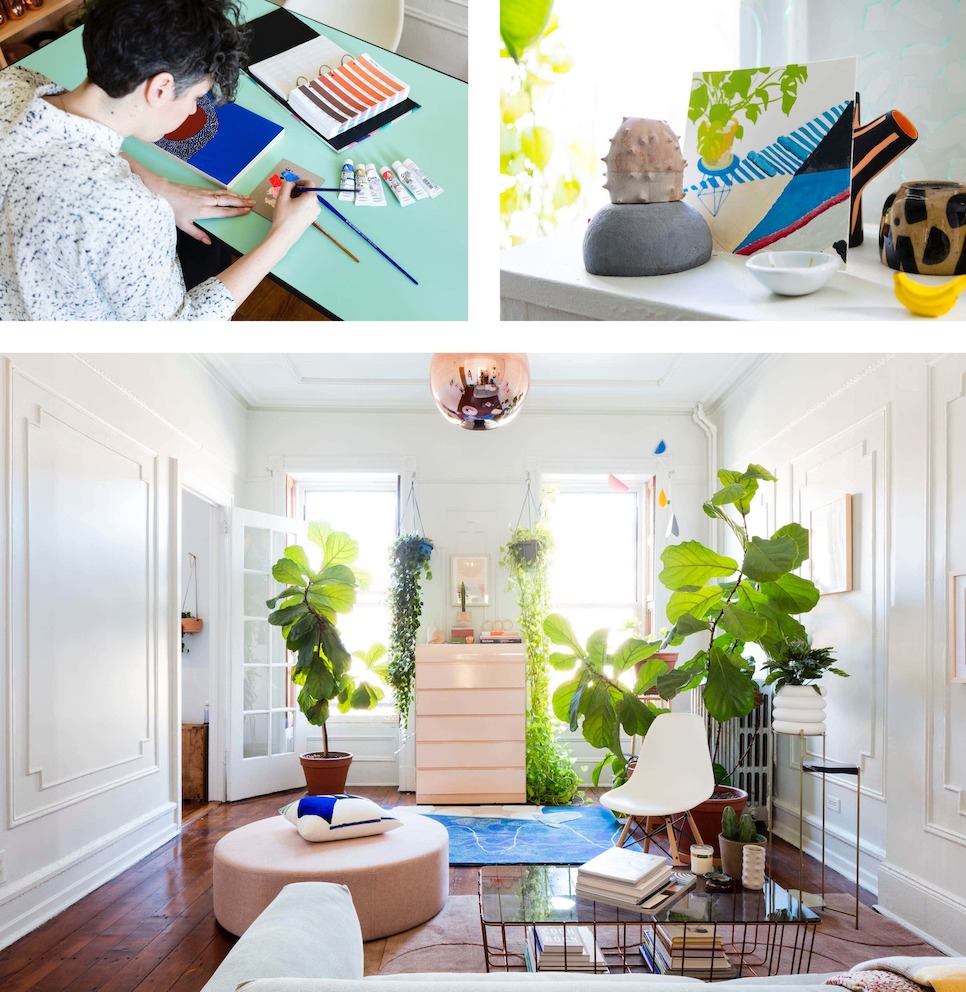 Three images: One of designer Alex Proba at work, one of decorative items and artwork, and one of a bright living area.
