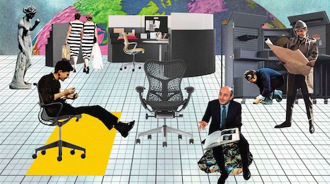 A collage of people interacting with Herman Miller furniture.