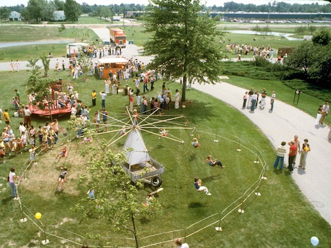 An aerial archival photograph of a picnic from years past.