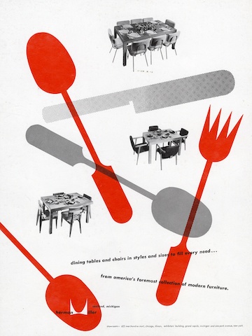 Dining tables and chairs print advertisement by Irving Harper for Herman Miller, 1949