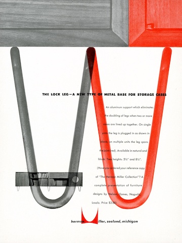New storage unit base option print advertisement by Irving Harper for Herman Miller, 1948