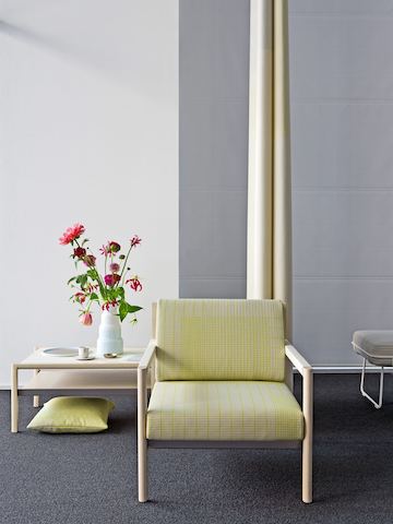 The installation marks the debut of the Herman Miller Collection in Europe. Classic designs from Ward Bennett are available alongside contemporary pieces like this Vincent Van Duysen Brabo lounge chair and side table, and Wireframe ottoman, part of the group designed by Sam Hecht and Kim Colin.