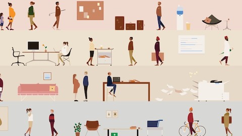 An illustration of people at leisure and at work. Select to go to an article about the connection between place and purpose.