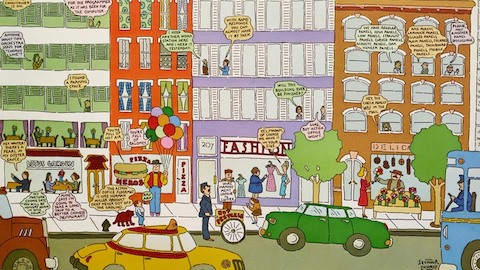 A cartoon depiction of a busy streetscape. Select to go to an article about graphic designer Seymour Chwast's work with Herman Miller.