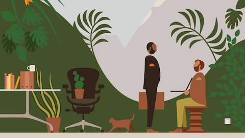 Una ilustración de dos hombres en un entorno de trabajo al aire libre. Seleccione para ir a un artículo sobre el nuevo paisaje de trabajo.