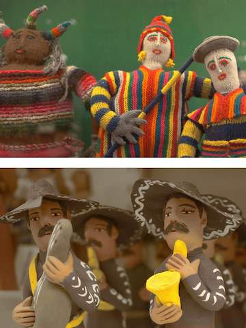 Two images of whimsical folk art with a Latin American influence.