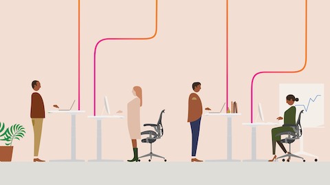 An illustration showing four office workers at sit-to-stand desks positioned at various heights.