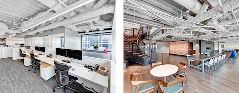 Two images of CBRE’s Chicago office. The left shows Mirra 2 Chairs in a benching setup. The right shows an interaction space with a variety of seating.